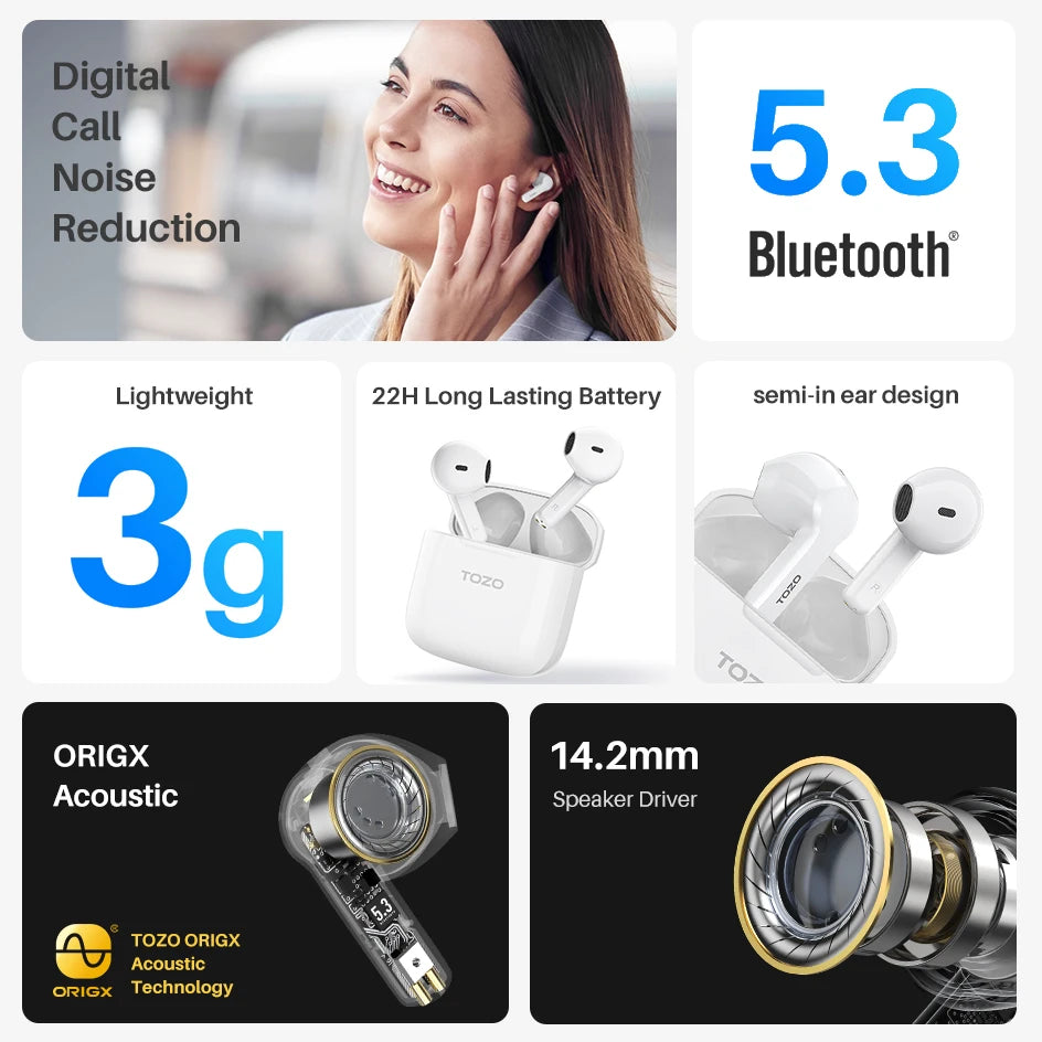 TOZO A3 Half in-Ear Wireless Earbuds Bluetooth