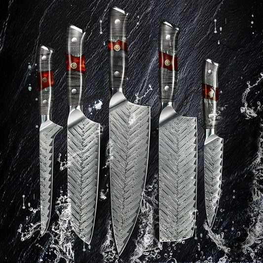 AMBER 73 Layers AUS-10 Damascus Steel Knife Set