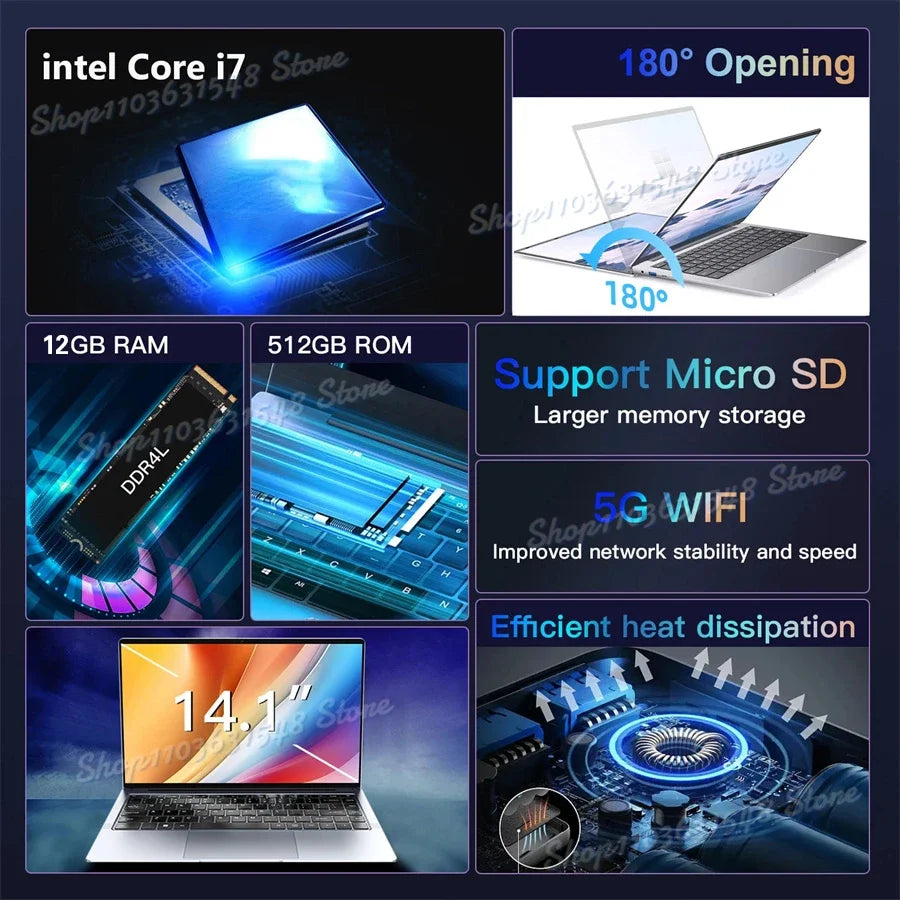 2024 Ultra Slim i7 Laptop 14.1 Inch Intel Core i7-7500U Windows