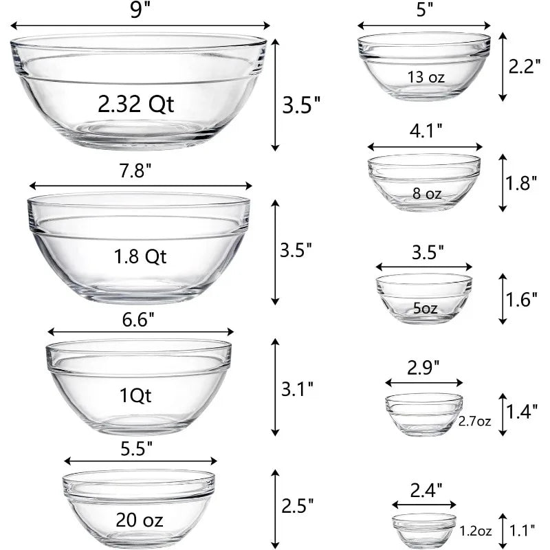 Set of 9 Glass Mixing Bowls -