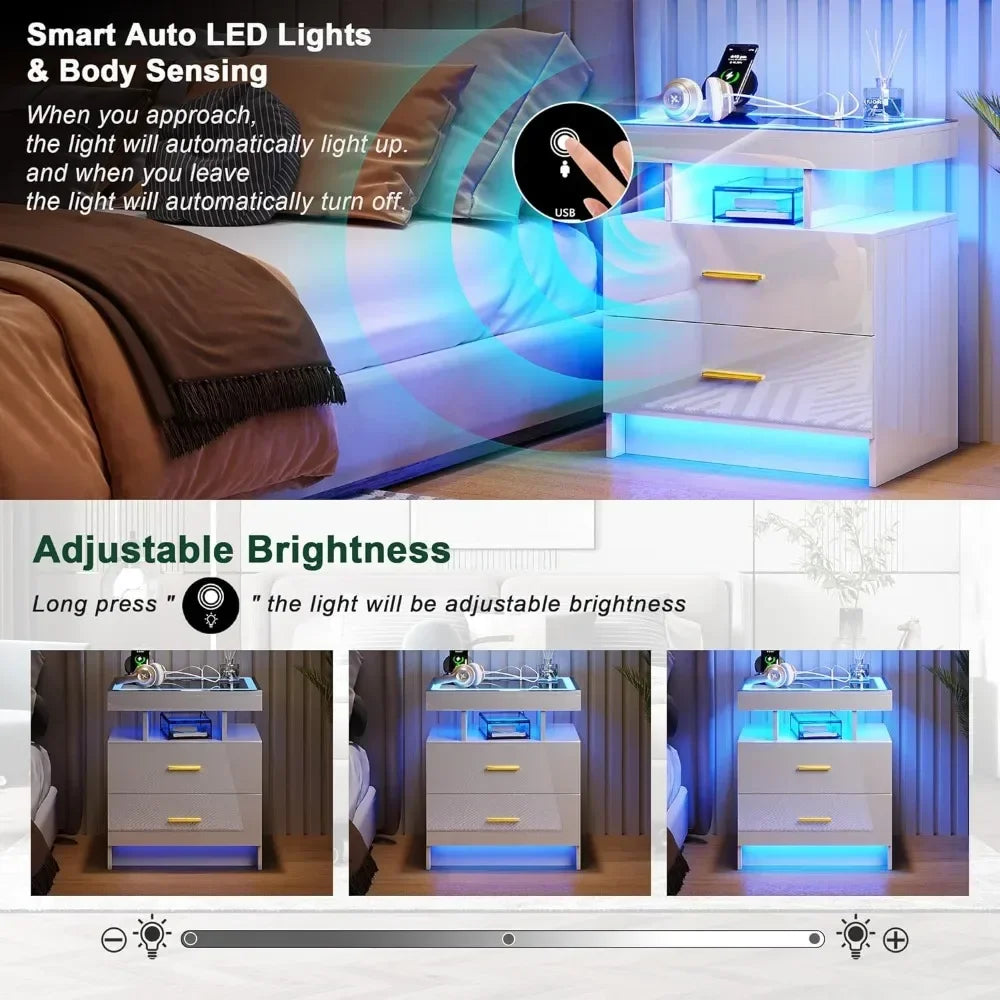 LED Nightstands with 2 Storage Drawers