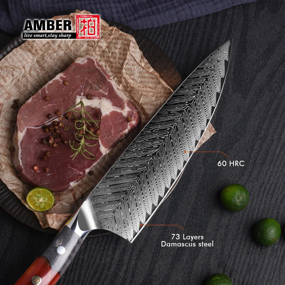 AMBER 73 Layers AUS-10 Damascus Steel Knife Set