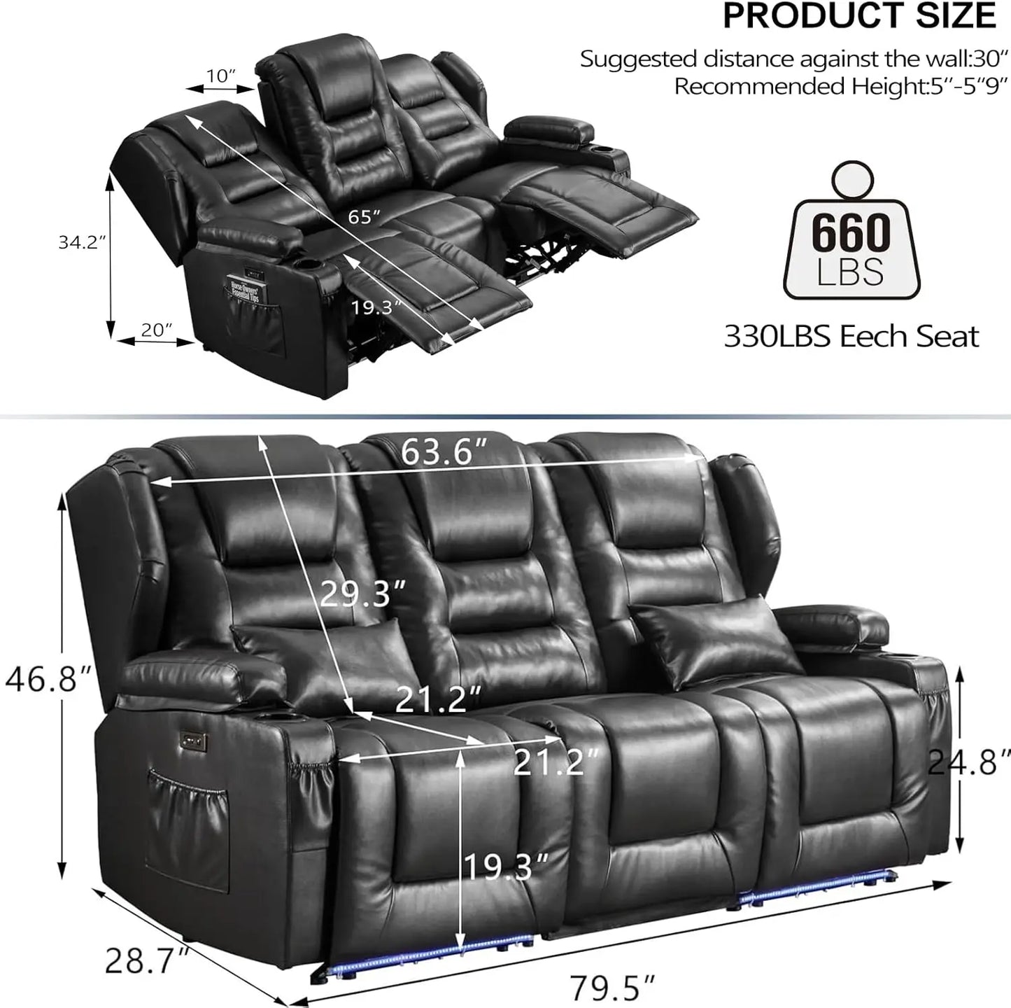 Power Recliner Loveseat 79.5" Home Theater Seating